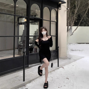 Halter Neck Bodycon Dress Women Pleated Waist Long Sleeve Asymmetric Solid Color Cocktail Dress Black Pink Burgundy Khaki - Product Image 2