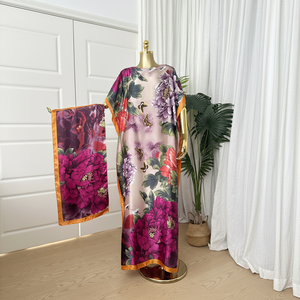 Robe longue ample et légère en soie artificielle, style kaftan, imprimé floral vintage, pour l'automne et l'été, grande taille, ensemble deux pièces pour les vacances - Product Image 1
