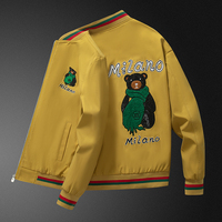 Veste de baseball côtelée rayée noire, rouge et verte pour homme avec broderie d'ours, fermeture éclair, coupe-vent léger, style décontracté urbain