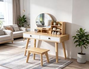 Scandinavian Solid Birch <b>Makeup</b> <b>Vanity</b> With Mirror And Storage Drawers For Bedroom - Product Image 5