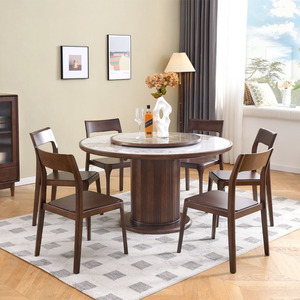 Solid Wood Round <b>Dining</b> <b>Table</b> Set 6 Piece With Turntable Modern Minimalist Style For Home <b>Dining</b> Room - Product Image 2