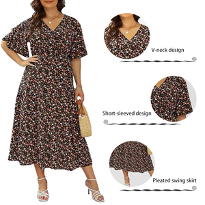 POVTY personalizado Floral impreso verano Casual alta <span class=keywords><strong>moda</strong></span> más tamaño gasa manga corta abrigo cuello en V Maxi vestido para <span class=keywords><strong>mujer</strong></span> - Product Image 2