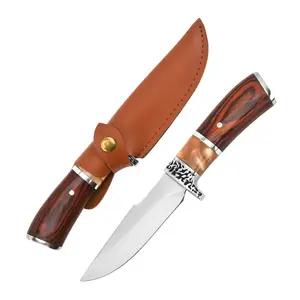 سكين صيد تكتيكي ثابت بالرصاص من الفولاذ الكربوني، سكين بيد خشبية عتيقة للتخييم والبقاء في الخارج
