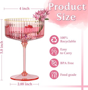Ribbed Coupe <b>Glasses</b> Pink <b>Plastic</b> Champagne Coupe Cup Detachable Gold Rim Espresso <b>Martini</b> <b>Glass</b> Vintage Margarita Glassware - Product Image 5