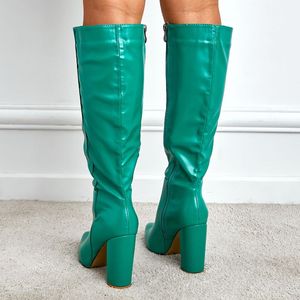 Knee Botas Mujer Zipper Block Heels Rubber Green Boots for Women - Product Image 2