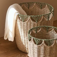 Panier à linge en corde de papier écologique avec bord creux, grande capacité, rangement tressé pour vêtements et jouets, organisateur en fibres naturelles
