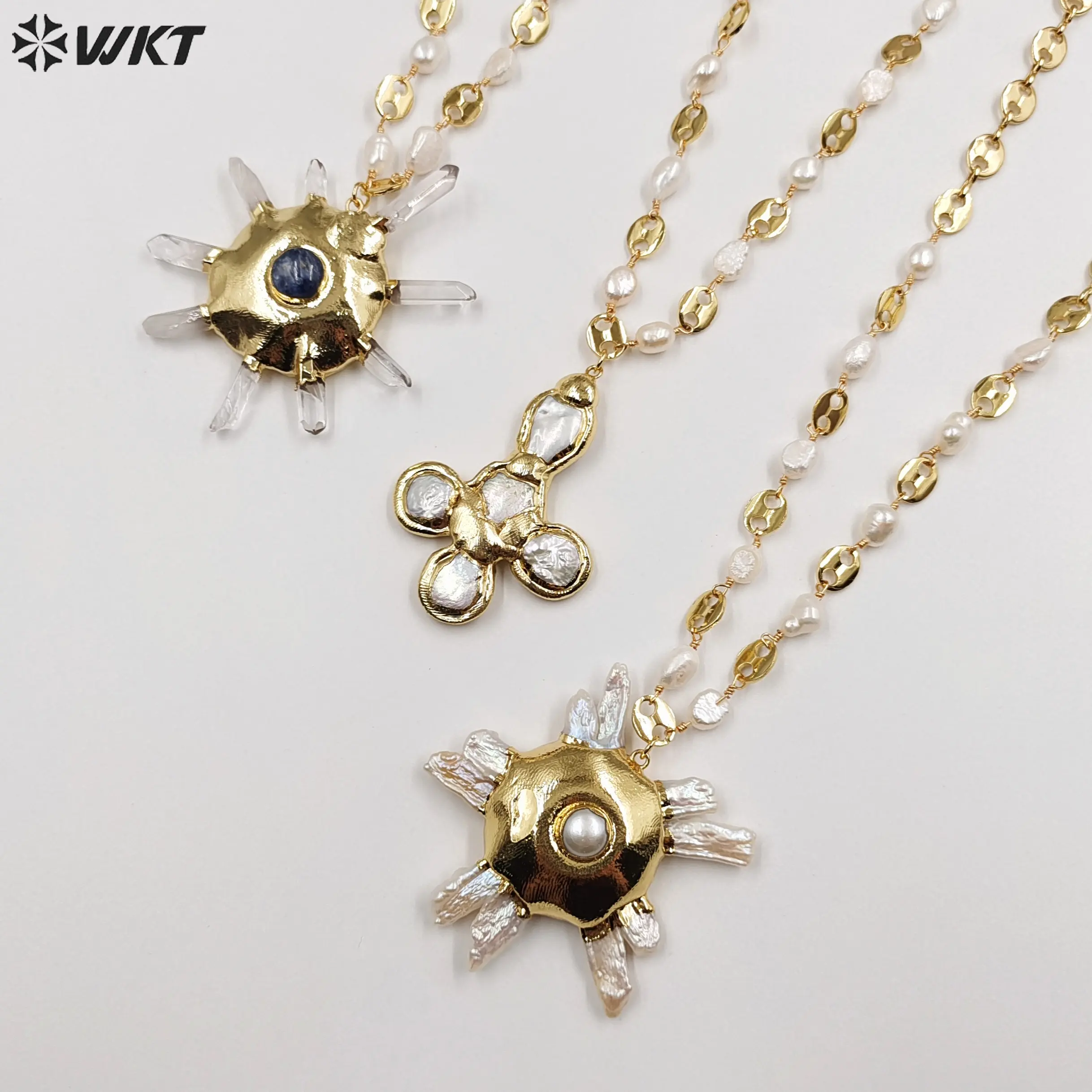 WT-JN248 en gros Style Punk cristal Quartz/perle d'eau douce 24 pouces cadeau pour les femmes en forme de soleil collier de pierres précieuses