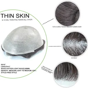 Peluca de cabello humano indio anudado para hombres, tupé, piel fina, 0,08-0,1mm