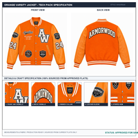 Veste universitaire orange personnalisée, fabricant OEM ODM, corps en laine, manches en cuir, plusieurs patchs, marque privée, vente en gros