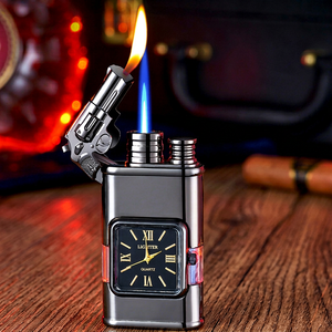 Dual Flame Embossed Quartz Watch Clock Cigarette Lighter Transparent Air Chamber <b>Refillable</b> Butane Windproof Classic Business - Product Image 1