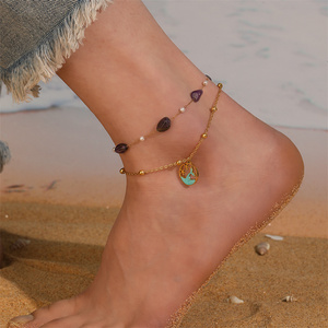 Chaîne de cheville en acier inoxydable avec queue de sirène, perles de turquoise naturelle et perles d'eau douce de 4-6 mm, double couche, personnalisable OEM, vente en gros - Product Image 2