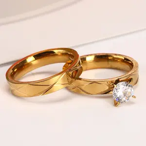 New Hot Selling Stainless Steel Diamond Ring Set with Diamond Stripe Cross Couples Ring