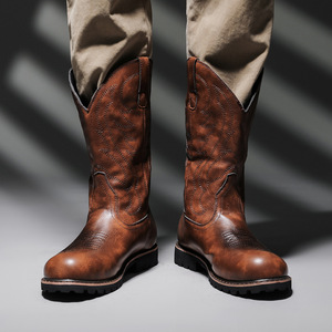 Mens <b>Brown</b> Genuine Leather Cowboy <b>Boots</b> Round Toe Rubber Outsole Anti-Slipper Walking Shoes All Seasons - Product Image 3