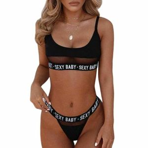 Vente en gros Nouveau soutien-gorge romantique pour femmes Ensemble soutien-gorge de sport lettre creuse transparente String sexy pour femmes - Product Image 1