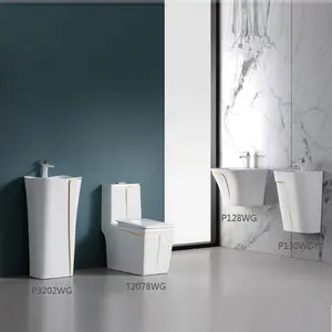 Linha De Ouro Tamanho Grande Quadrado Cerâmica Parede quadrada design pendurado bacia com meio pedestal Pias de estilo europeu Bacia pendurada parede esquerda