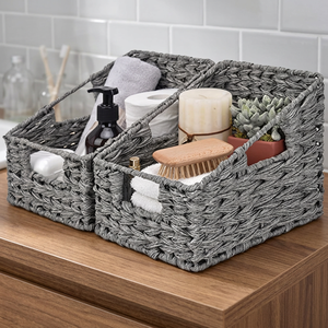 Gray <b>Rectangle</b> Woven <b>Storage</b> <b>Baskets</b> Set 2-Pack With Handles For Bathroom Bedroom Home Organization Rustic Style - Product Image 2