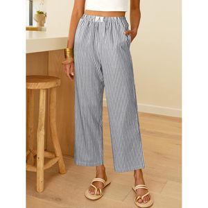 Pantalones Palazzo a Rayas para Mujer FOXA, Cintura Alta, Pierna Ancha, Corte Recortado, con Bolsillos, Transpirables, Casuales, para Descansar - Product Image 3