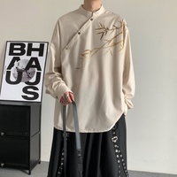 Chemise décontractée à manches longues pour homme, col montant, boutons diagonaux, imprimé bambou, coupe ample, idéale pour le quotidien