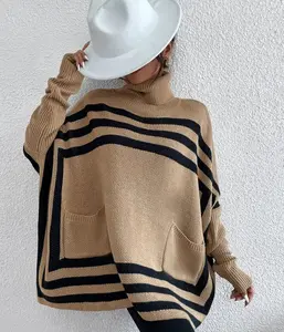 OEM-suéter de estilo coreano para Mujer, ropa de moda de punto, suéter de gran tamaño con cuello alto, Top Poncho, suéter para Mujer