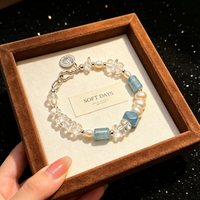 Bracelet en perles de quartz clair bleu aquamarine avec pendentif pièce de monnaie en argent et fermoir en S, bijou élégant et tendance pour femme