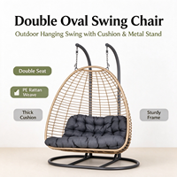 Fauteuil suspendu double ovale d'extérieur avec support et coussin en rotin PE, design moderne pour cour et mobilier d'extérieur