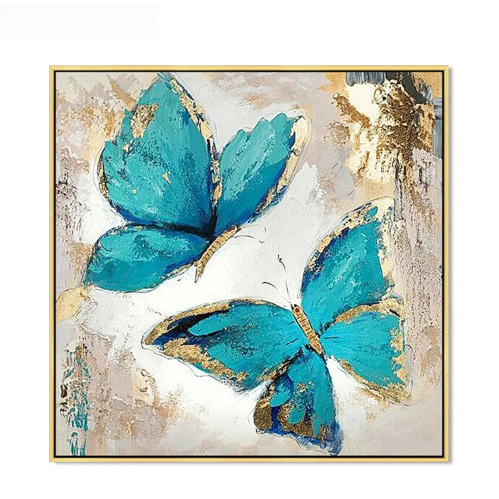 Date peint à la main bleu et or papillon ailé peinture à l'huile sur toile pour décor moderne abstrait couteau animaux peinture murale
