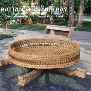 Bandeja Redonda de Mimbre Tejida a Mano con Patrón de Madera, Acabado sin Pulir, Borde Hueco, Ecológica, Apta para Lavavajillas, Contacto con Alimentos - Product Image 2