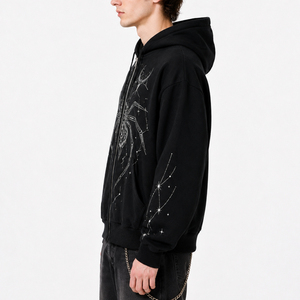 Felpa con Cappuccio Nera Oversize da Uomo con Zip e Grafica <span class=keywords><strong>Ragno</strong></span> in Strass, Stile Gotico Y2K Streetwear Pesante - Product Image 5