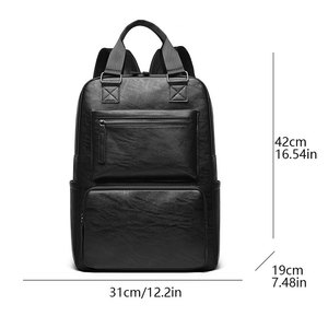 Haocheng Men's <b>Backpack</b> Large Capacity Soft Leather Laptop Bag Business Casual Unisex Black Solid Color - Product Image 2