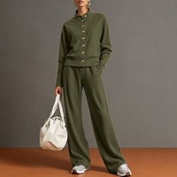 Ensemble de vêtements de sport décontractés pour femmes, cardigan à col montant, pantalon à jambes larges, manches longues, couleur unie, ensemble deux pièces