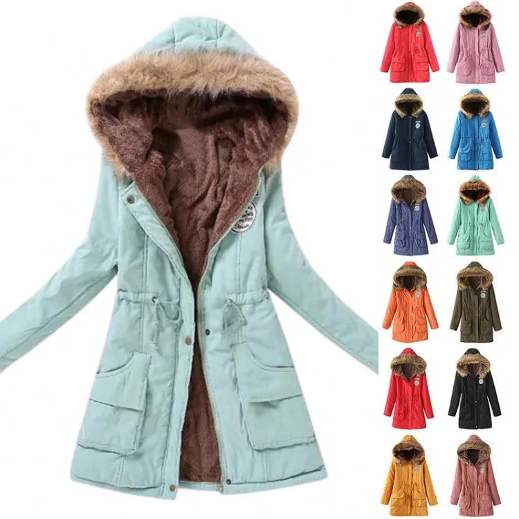 Großhandel Lady Pelz kragen Lange Hoodies Warme Jacken Plus Size Wintermantel Frauen Parka Jacken Lässiges Baumwoll futter Gestrickt