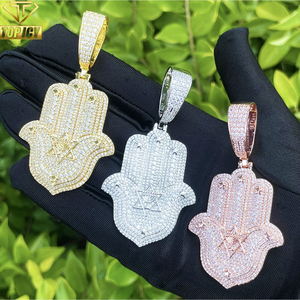 Collana Hip Hop con Ciondolo Mano di Hamsa in Ottone e Zirconia Cubica, Stella di <span class=keywords><strong>David</strong></span> Completamente Tempestata di Brillanti, Placcata Oro, Gioiello Unisex per Feste - Product Image 1