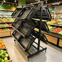Kwalitatief hoogwaardig supermarkt displayrek van metaal met enkelzijdige of dubbelzijdige plastic bakken voor fruit, groenten en gereedschap.