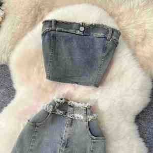 Y2K Summer Solid Woven Strapless <b>Sexy</b> 2 Piece <b>Set</b> for Women Sleeveless Tube Top and High Waist Midi Denim Skirt Wholesale - Product Image 4