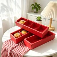 5 Grid Rectangular Foldable Red Paper Boxes with Clear PET Lids Packaging for Mini Cakes Bread Cookies Chocolate Pastry Dessert