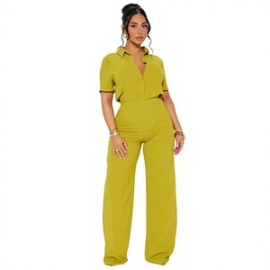 Combinaison décontractée pour femme, taille haute, coupe ample, couleur unie, manches courtes, col polo, longueur intégrale, respirante, pour le printemps et l'été - Product Image 1