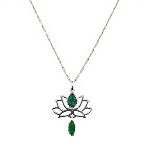 Designer 925 Sterling Silver Lotus Flower <b>Pendant</b> with <b>Emerald</b>, Green Onyx Gemstone Jewelry Wedding Party Wear - Product Image 1