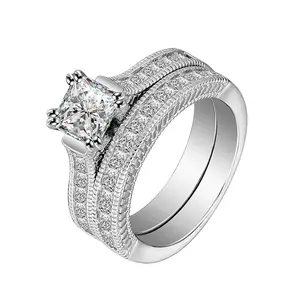 Sparkling ladies silver fashion rings pave solitaire bridal set in sterling silver