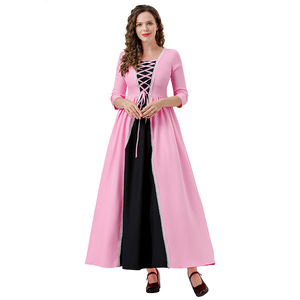 Robe de soirée rose de style médiéval pour femme, costume de princesse, déguisement de cour, bal masqué, performance scénique, manches longues, coupe longue - Product Image 3
