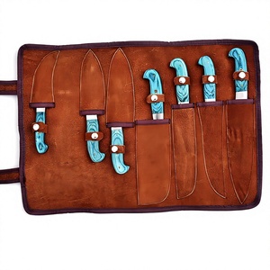 Juego de cuchillos de chef de acero de Damasco, juego de 7 piezas, cuchillos con mango de madera color verde azulado, juego de cuchillos con estuche de cuero enrollable. - Product Image 1