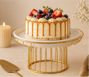 Round Metal <b>Cake</b> <b>Stand</b> With Gold Wire Base White Plate Reusable Dessert Display For Home Use - Product Image 5