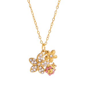 <span class=keywords><strong>Collana</strong></span> a catena in acciaio inossidabile placcato oro 18K PVD <span class=keywords><strong>con</strong></span> ciondolo classico a forma di <span class=keywords><strong>coccinella</strong></span> <span class=keywords><strong>con</strong></span> fiori di strass - Product Image 1