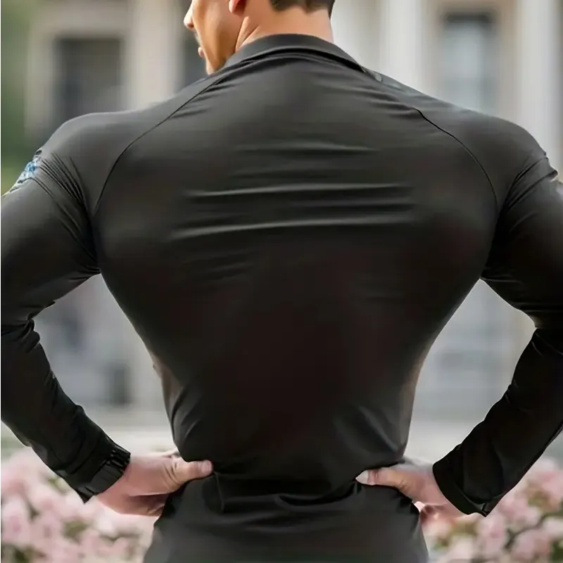 Personalizar los hombres de cuarto de cremallera de secado rápido de poliéster Spandex en blanco de manga larga Slim Active Muscle Compression Fitness Sports T Shirts