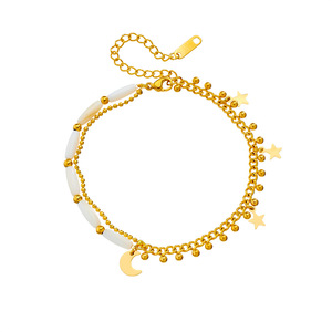 Tobillera Minimalista de Dos Hilos con Estrella y Luna, Chapada en Oro, Acero Inoxidable, Cuentas de Concha Natural Blanca, Pequeño Colgante de Estrella y Luna Creciente - Product Image 6