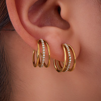 Juego de Bisel de Corte Asscher de Circón de Acero Inoxidable Chapado en Oro de 18K, Pendientes de Moda con Patrón Geométrico, Clip de Hueso del Oído No Perforado