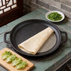 กระทะเหล็กหล่อทรงกลม ด้ามจับคู่ ด้านล่างเรียบ ไม่เคลือบผิว สำหรับทำแพนเค้กต้นหอม เจี้ยนปิง กัวจื่อ - Product Image 1