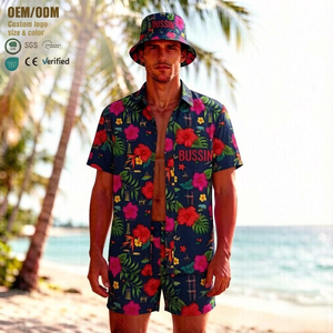 Conjunto de 3 Piezas Personalizado al por Mayor: Camisa Aloha, Pantalones Cortos y Sombrero de Pescador con Estampado Tropical para Vacaciones en la Playa, Estilo Caribeño Guayabera - Product Image 1