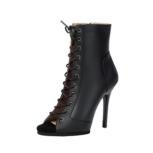Bottes de danse latine pour femmes, en cuir véritable noir, à lacets, avec fermeture éclair, bout ouvert, talons aiguilles, pour la danse de salon, la salsa, le tango, vente en gros OEM - Product Image 4