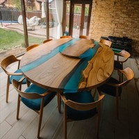 Table à manger en noyer massif avec plateau en résine transparente, design moderne et antique, extensible, pour salle à manger, usage domestique ou atelier