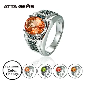 Zultanite Batu Permata Cincin untuk Pria Solitaire 925 Sterling Silver Dibuat Perubahan Warna Oval Cut Diaspore Cincin Hadiah Perhiasan